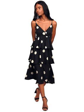 O.P.T. Cava Polka Dot Tiered Ruffle Midi Dress Whimsical Black White - Medium